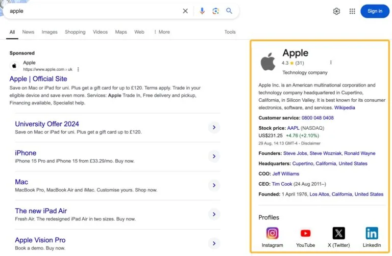 Google 为科技公司 Apple 显示知识面板