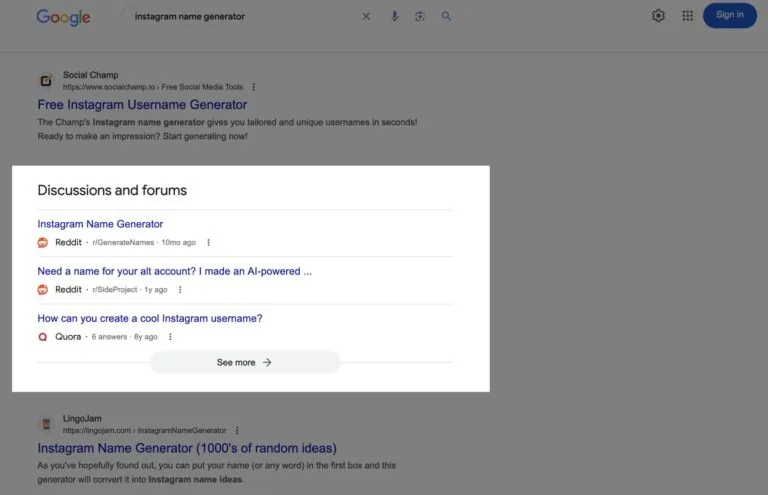 搜索结果页面中 Discussions and Forums（讨论和论坛）的截图示例