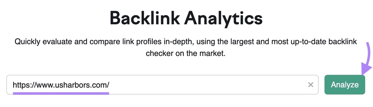 Backlinks 工具起始界面，已输入域名，箭头指向“Analyze”。