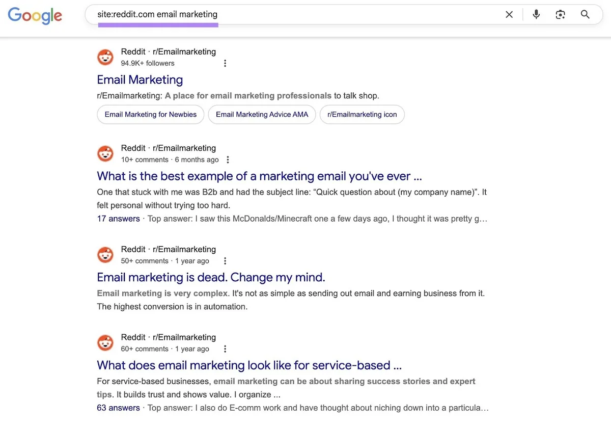使用 site 搜索语法查找某具体主题的相关 Reddit 讨论。