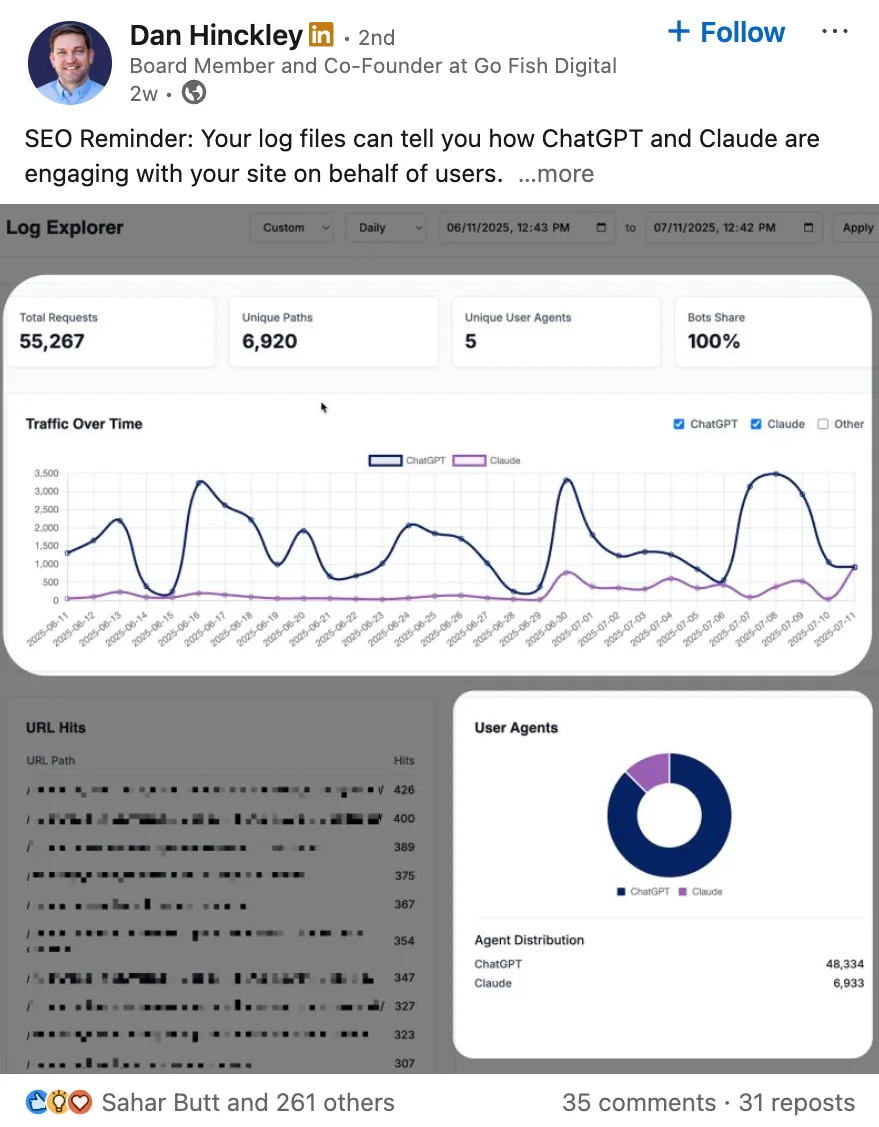 Dan Hinckley 的 LinkedIn 帖子,解释日志文件如何揭示关于用户的洞察。