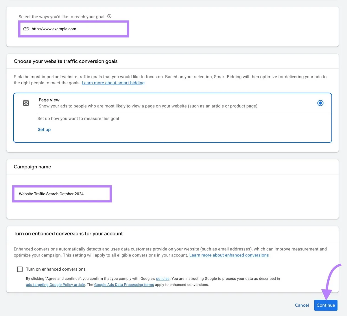Google Ads 中用于输入要引导访问的 URL 和广告系列名称的页面。