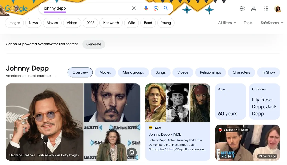 Google 对“Johnny Depp”的页首结果