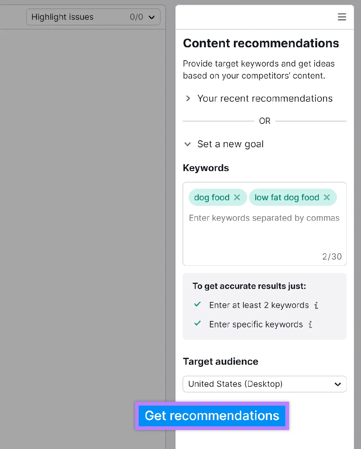 SEO Writing Assistant 设置页面，已输入关键词并突出显示 Get recommendations 按钮