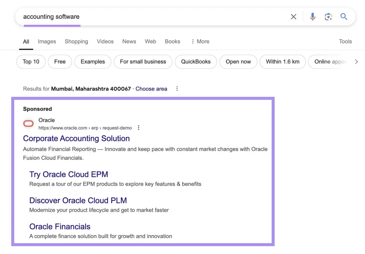 会计软件的 Google 搜索结果,展示 Oracle 带有多个链接的赞助广告