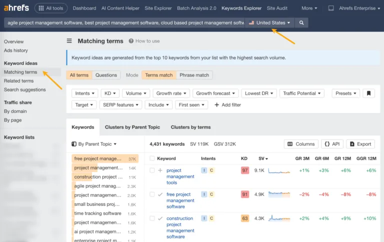 Keywords Explorer 中的匹配词报告。