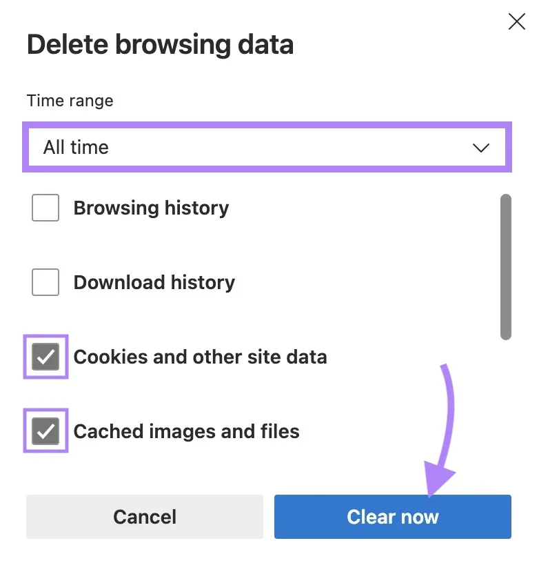 Edge 上的“Delete browsing data”窗口，点击了“Clear now”。