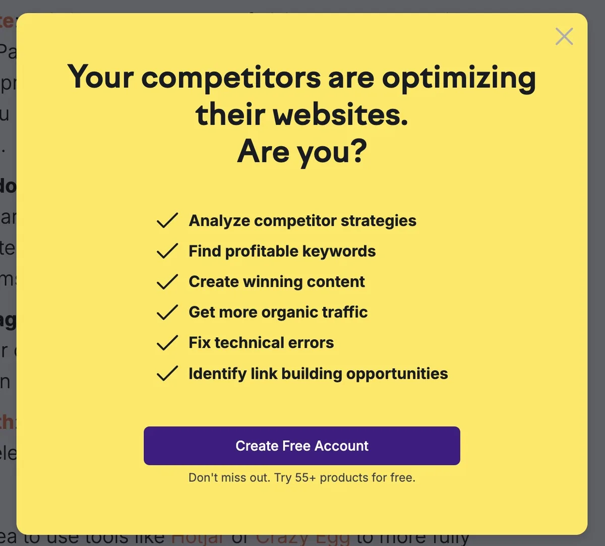 Semrush 博客上重新设计的弹窗,带有引人注目的标题“你的竞争对手正在优化他们的网站。你呢?”。