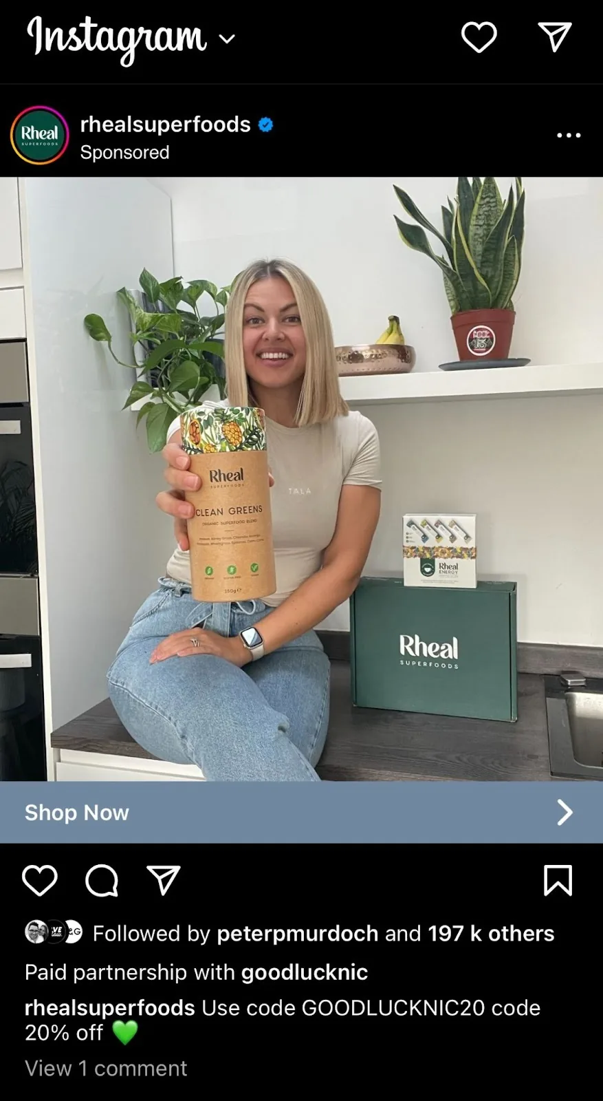 Rheal Superfoods 与 Nicole Robinson 合作的赞助 Instagram 帖子
