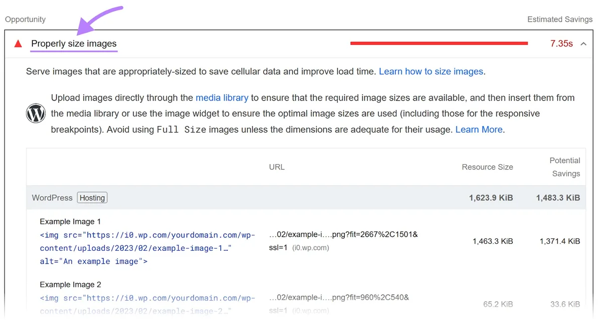“Properly size images”优化机会部分