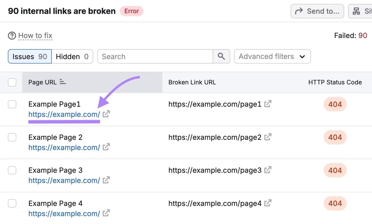 Site Audit 内的一份报告,显示指向某失效页面的传入内部链接。