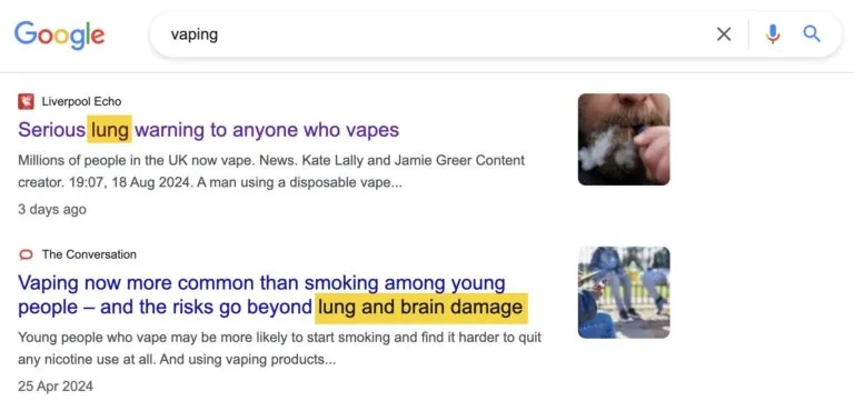 关于电子烟的 Google News 结果中包含许多有关肺部问题的报道