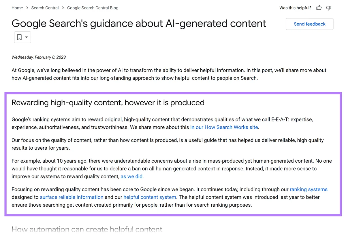 Google 博客文章,方框部分高亮显示有关奖励高质量 AI 生成内容的指南