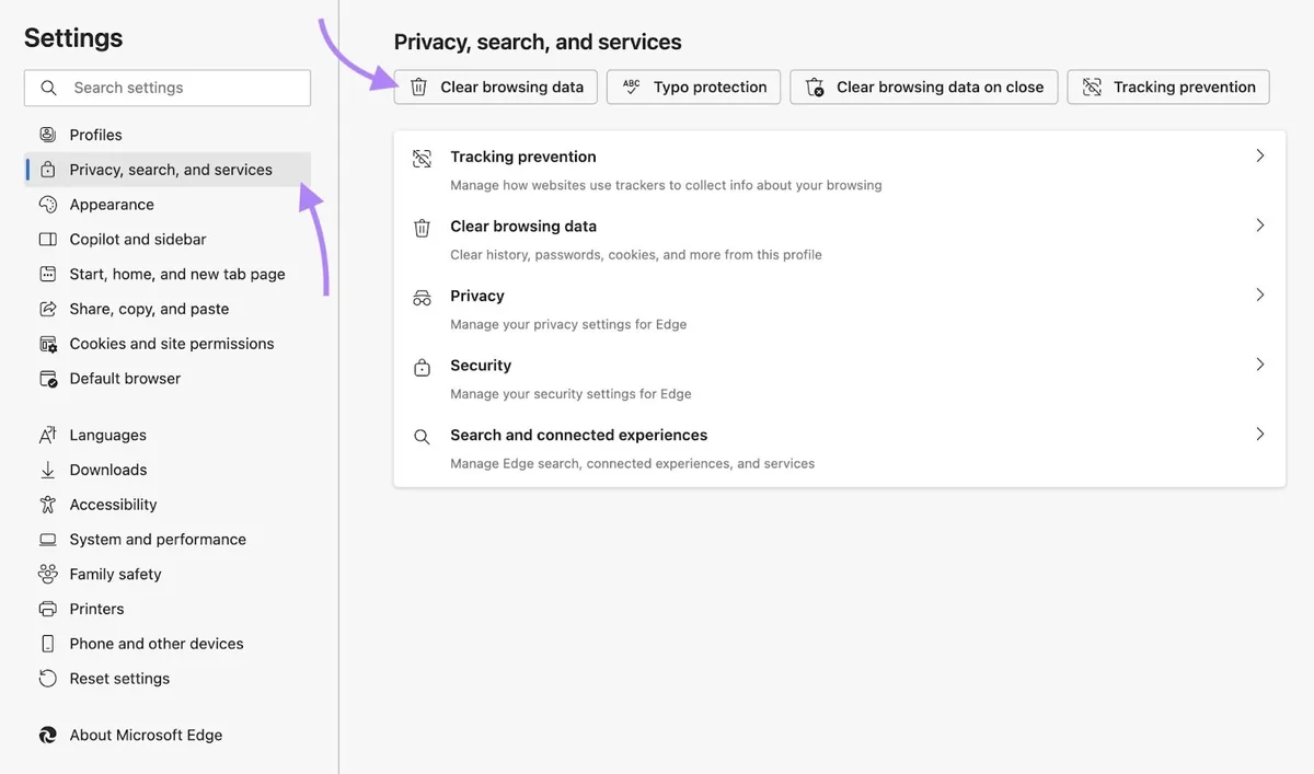 Edge 上的“Privacy, search, and services”窗口，点击了“Clear browsing data”。