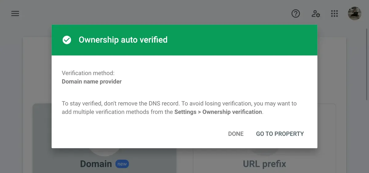 Google Search Console 确认信息,显示通过域名服务商自动验证了域名所有权