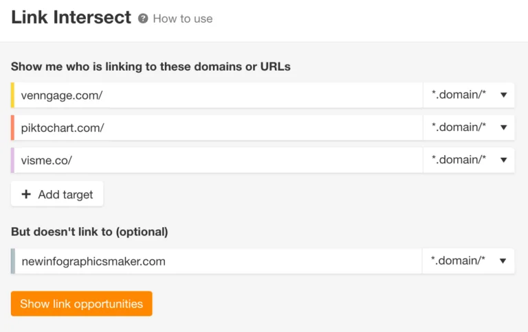 Link Intersect 报告,来自 Ahrefs 的 Site Explorer