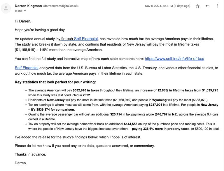 Darren Kingman 的外联邮件示例