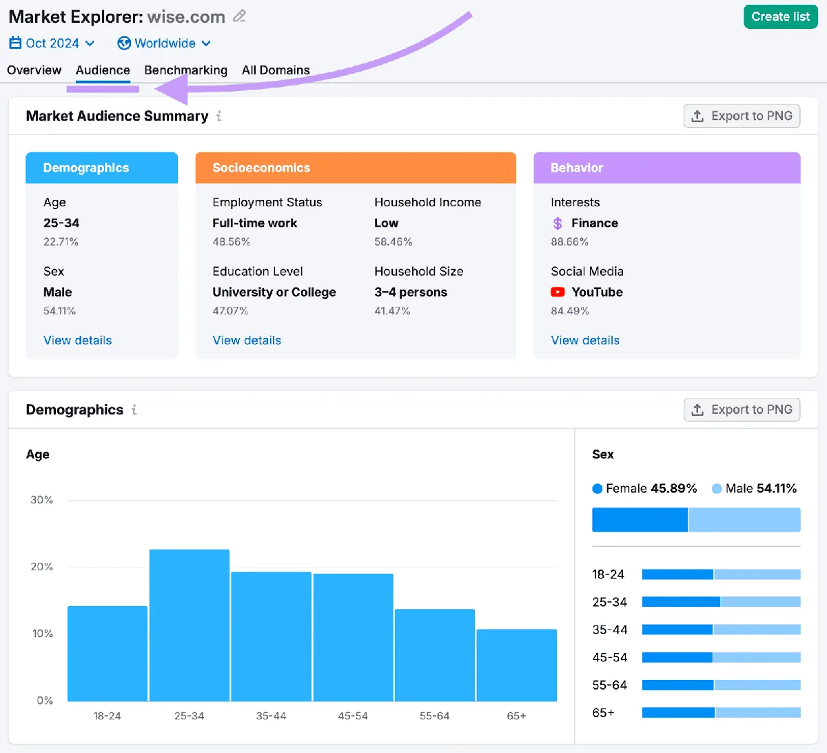 Market Explorer 的受众标签页,包含人口统计、社会经济和行为数据