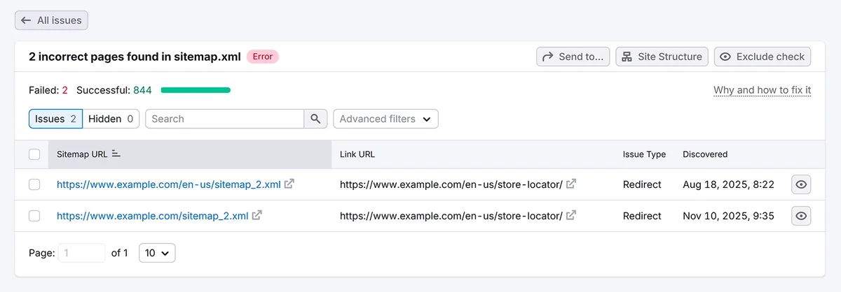 详细的站点地图错误报告，列出 Semrush 中 sitemap.xml 里发现的重定向 URL。