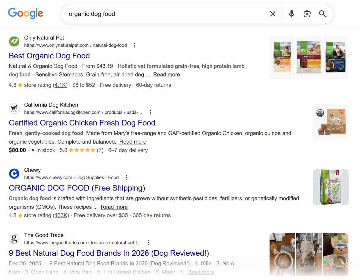 “organic dog food”的 Google 搜索结果页面,展示商品列表、广告以及来自宠物食品品牌的自然结果