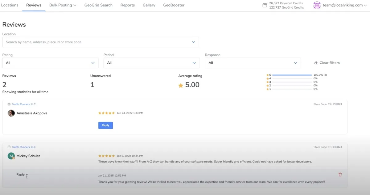 Local Viking 上的“Reviews”仪表盘,可按位置、评分、时间段和回复情况筛选。