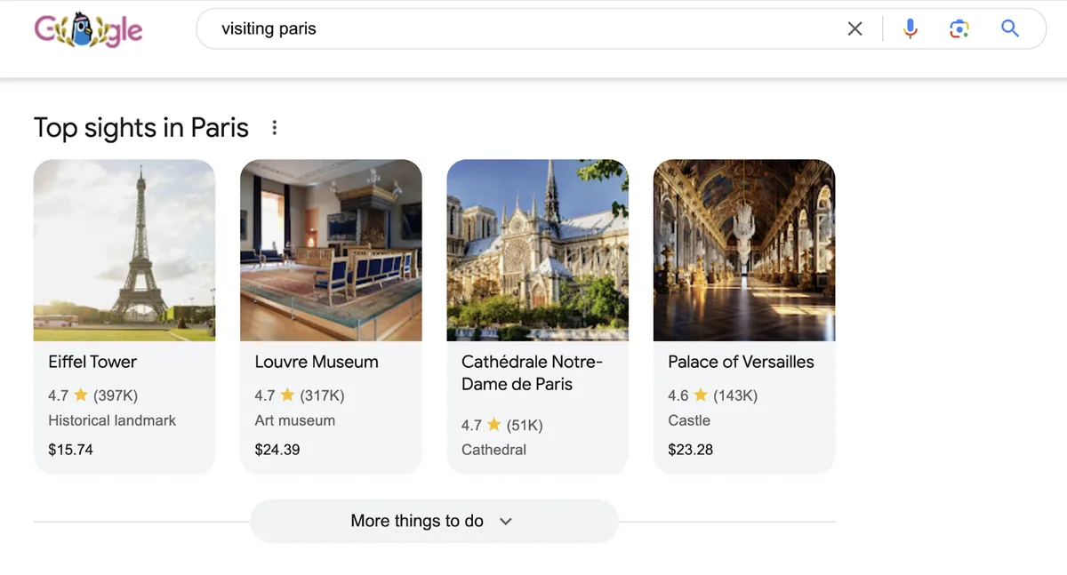Google 搜索结果页面显示“巴黎热门景点”版块