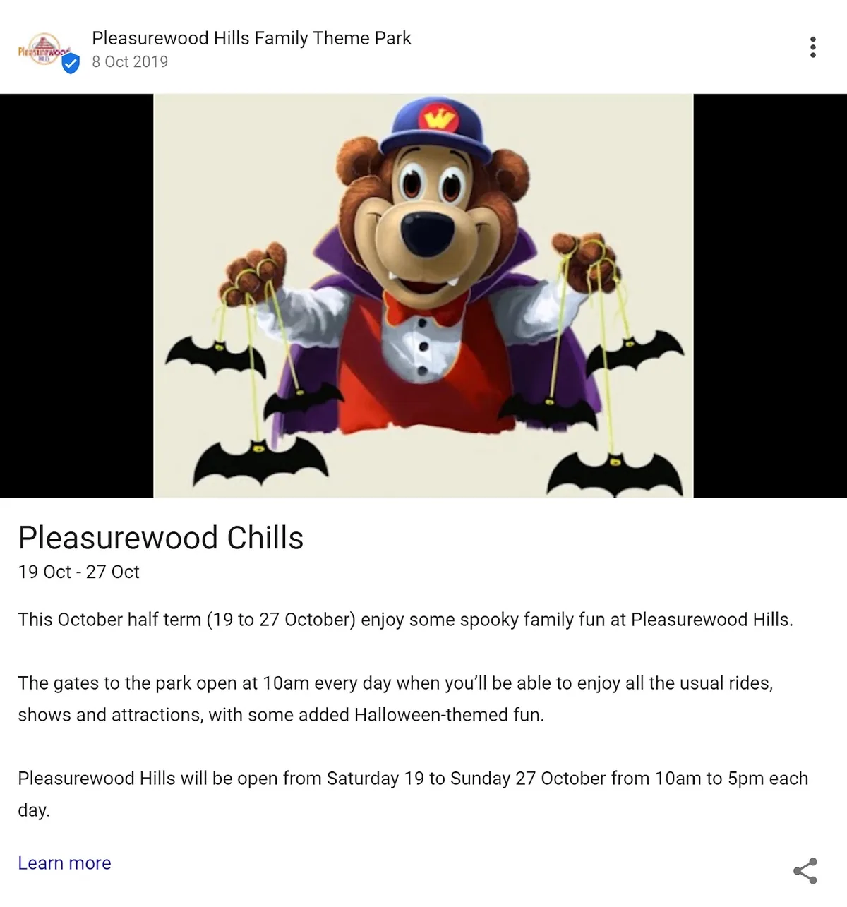 Pleasurewood Hills 家庭主题公园的 Google 商家资料活动帖子