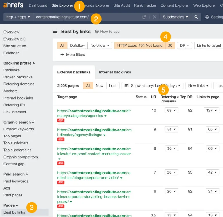 在 Ahrefs 的 Site Explorer 中找出需要修复的失效页面
