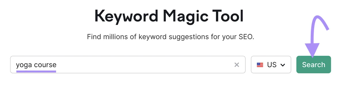 在 Keyword Magic Tool 搜索栏中输入的“yoga course”