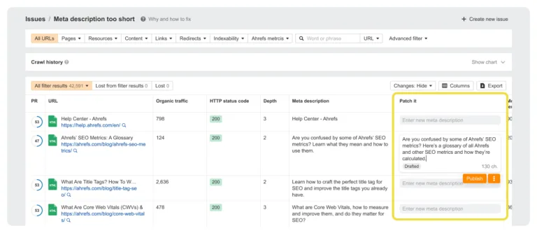 Ahrefs Patches 工具截图,标注了 Patch It 功能