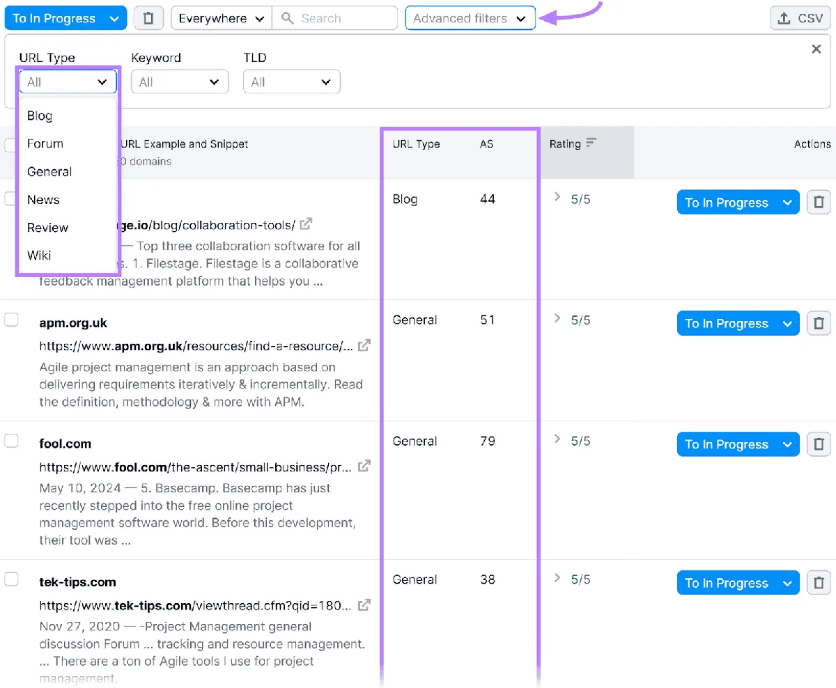 Link Building Tool 显示筛选后的 URL 列表，包含“URL type”和权威分数列，置于紫色方框中。
