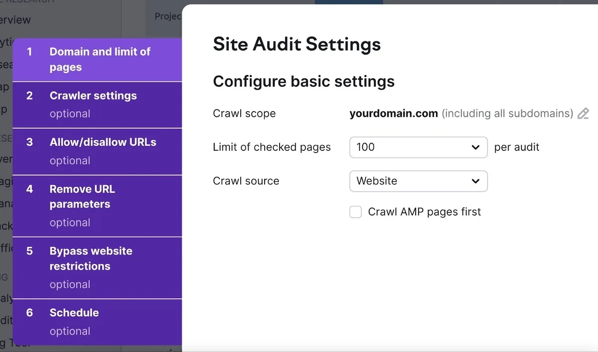 Site Audit Settings 弹窗