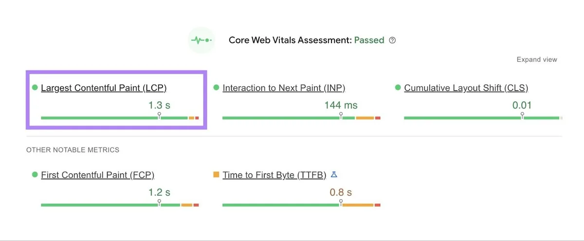 Google Page Speed Insights 上的核心网页指标评估,“LCP”指标高亮。
