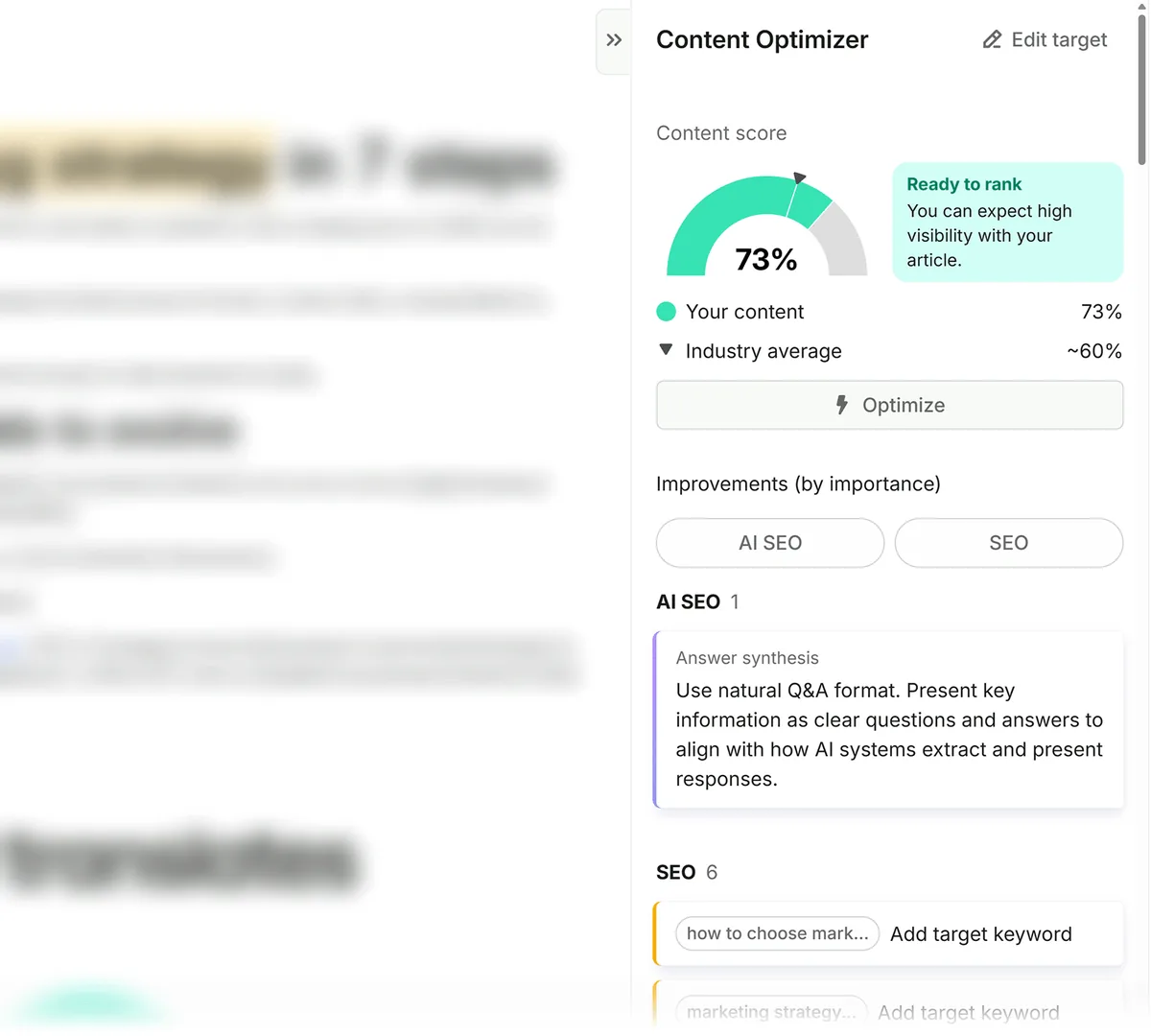 Semrush Content Optimizer 显示 73% 的内容得分以及 AI SEO 和关键词改进建议