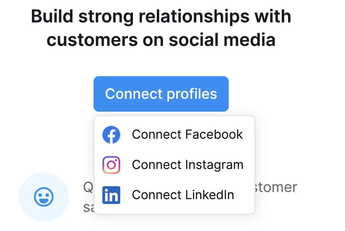 “Connect Facebook”、“Connect Instagram”和“Connect LinkedIn”下拉菜单