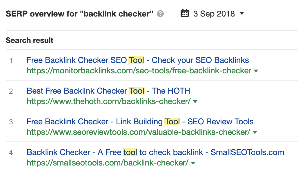 2018 年“backlink checker”排名靠前的结果都是免费工具