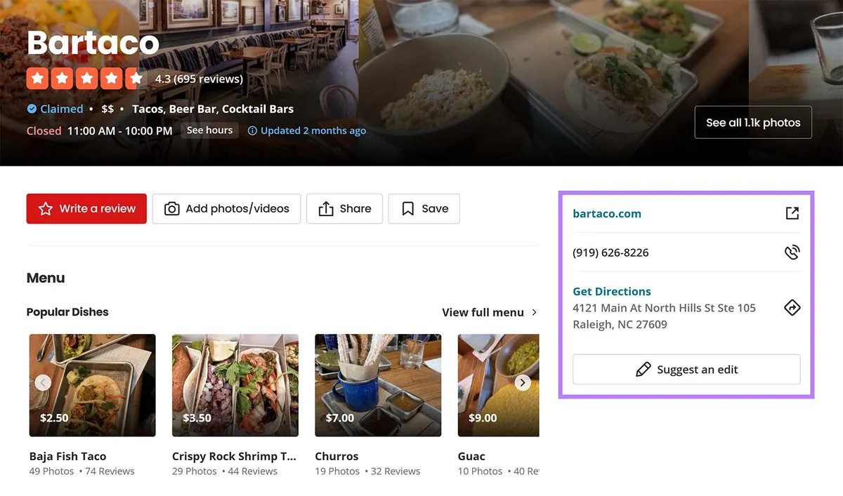 Bartaco 餐厅的 Yelp 页面,显示高亮的 NAP 引用卡片