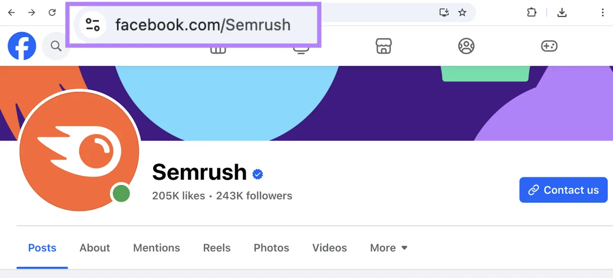 高亮显示的 Facebook 页面 URL