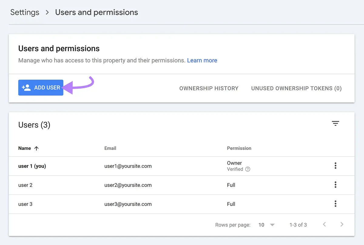 Google Search Console“Users and permissions”页面,Add User 按钮已高亮显示