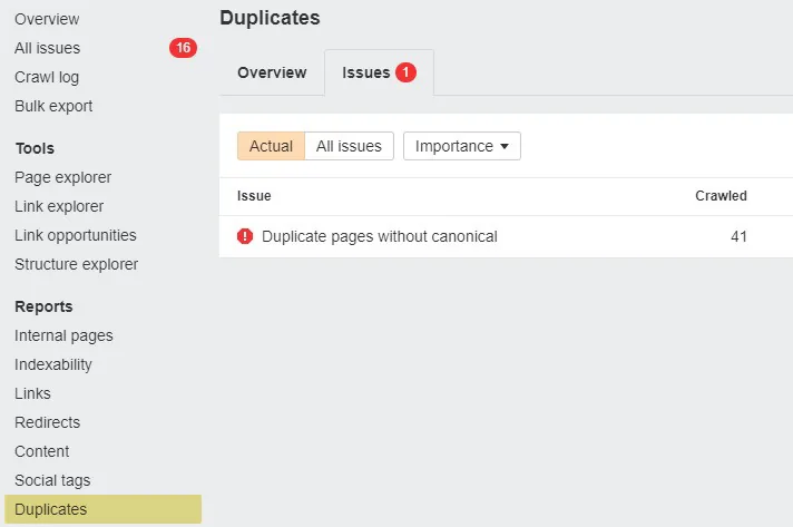通过 Ahrefs 的 Site Audit 发现缺少 canonical 的重复页面