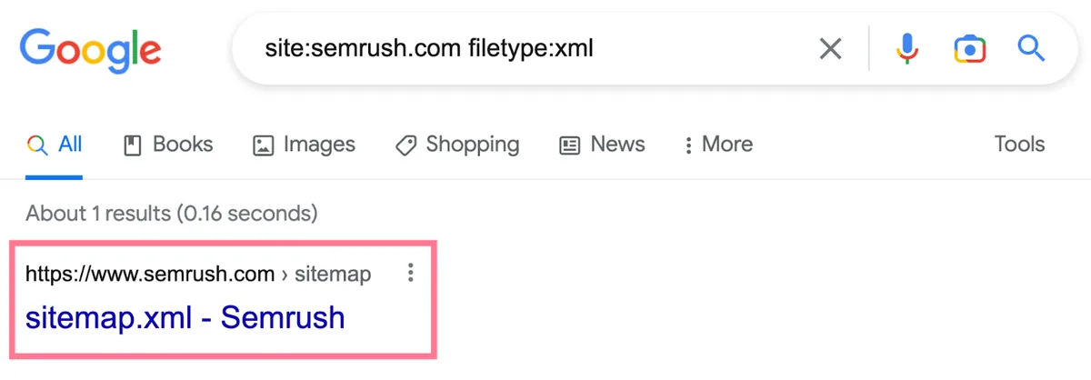 排名第一的搜索结果是 Semrush 的 XML 站点地图