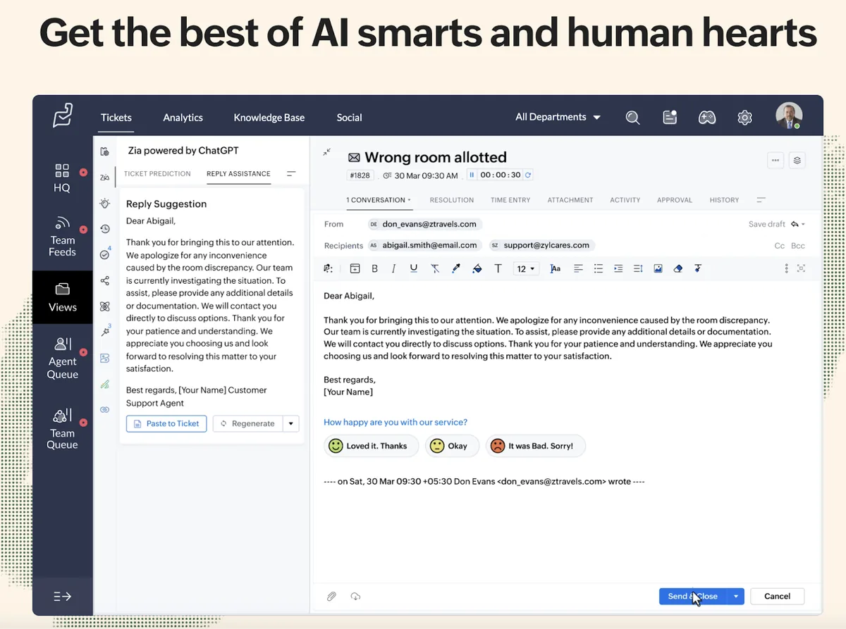 用于客户服务任务的 Zoho Desk 产品界面