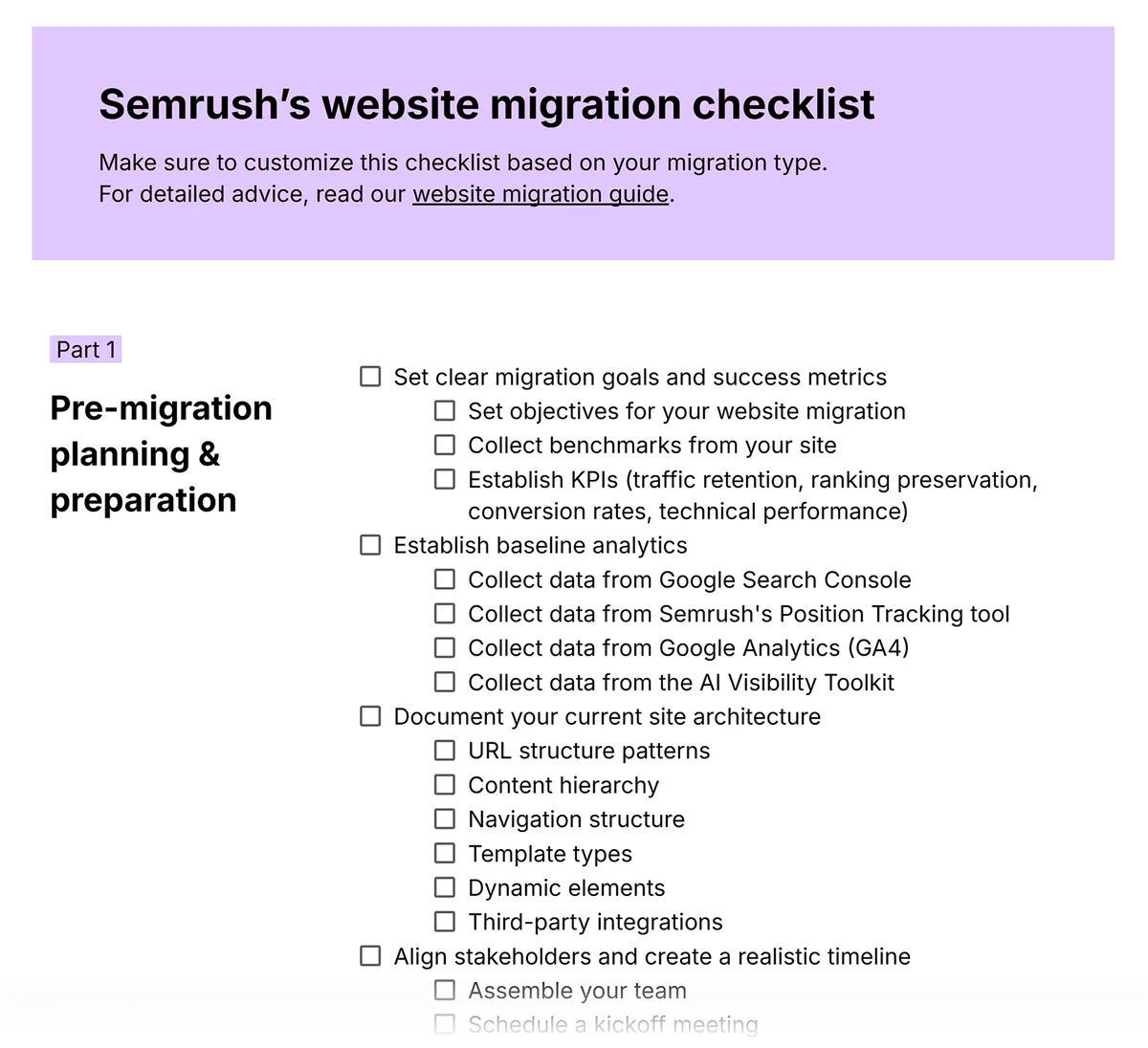 Semrush 网站迁移清单模板预览