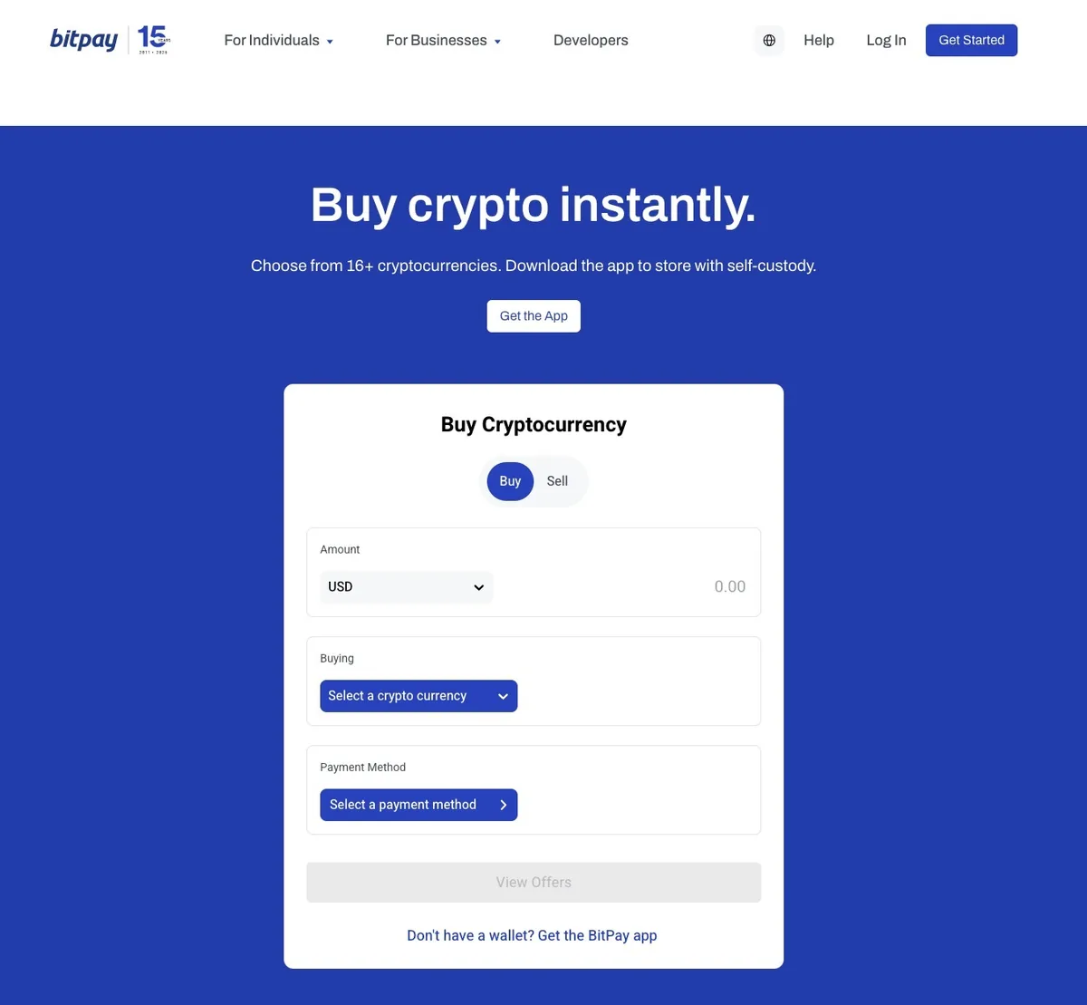 BitPay 页面上针对术语“buy crypto online”的购买表单。
