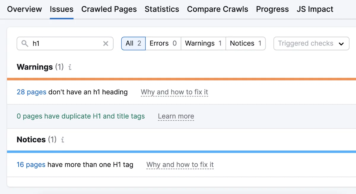 Site Audit 工具中发现的“h1”问题
