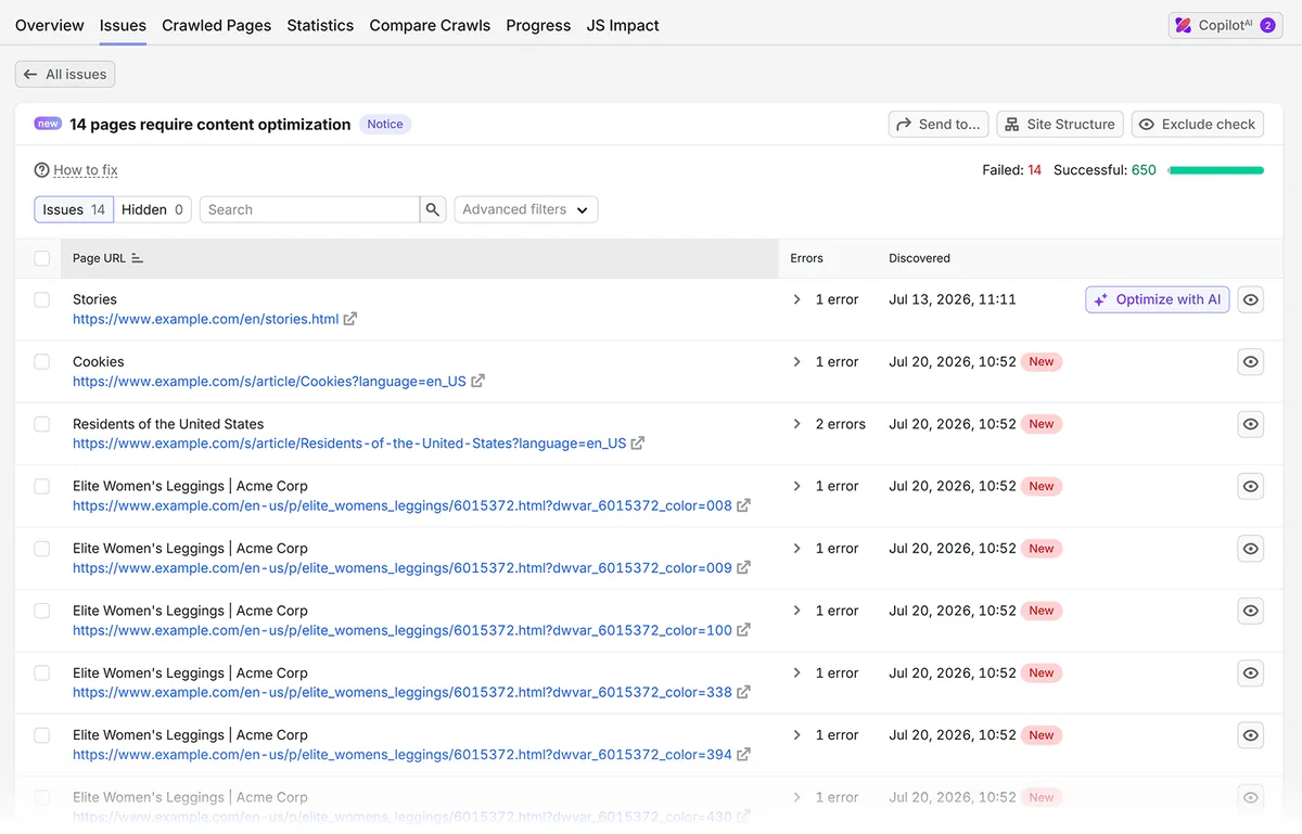 Semrush Site Audit 报告列出 14 个需要内容优化的页面