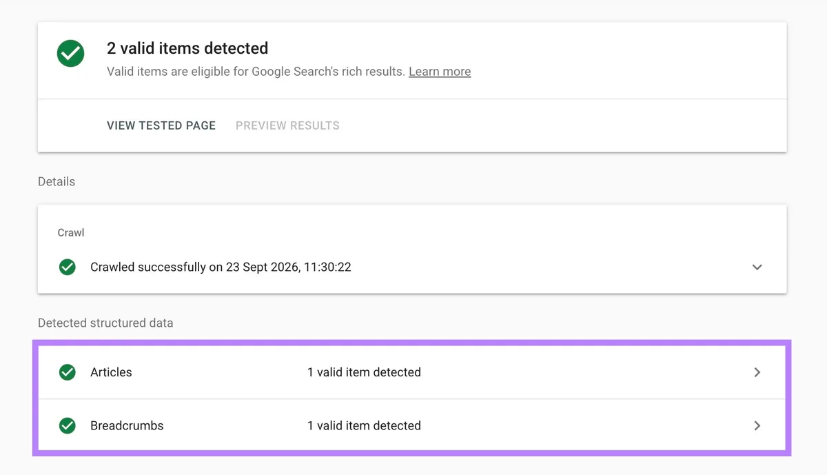 Google 的 Rich Results Test 显示已成功为某 URL 检测到结构化数据。