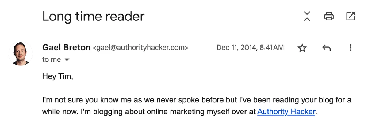 2014 年来自 Authority Hacker 的 Gael Breton 的邮件截图
