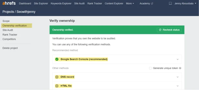 在 Ahrefs Site Audit 中验证所有权