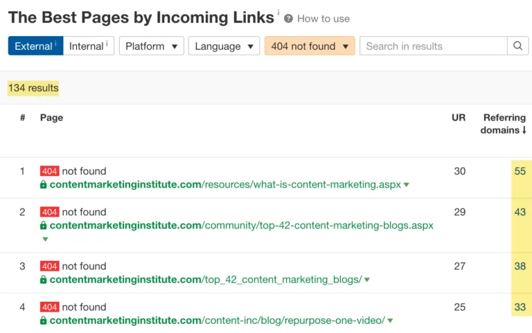 Ahrefs 的 Site Explorer 中的 Best by links 报告